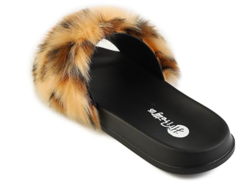 Image of Women's Faux Fur Slides, Open Toe Cute Fur Slippers, Indoor or Outdoor Comfortable Furry Slide Sandals With Fluffy Fur