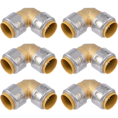 Image of SharkBite Max 1 x 1 in PTC 90-Degree Elbow, Pack of 6, Push-to-Connect Brass Plumbing Fitting, UR260