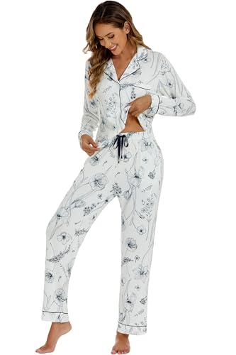 Image of LUBOT 100% Cotton Pajamas for Women Pajama Set 2 Piece PJ Sleepwear Set Soft Ladies Button Knit Long Sleeve Loungewear XS-XXL