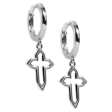 Solid White Gold Plated 925 Sterling Silver Dangle Cross Hanging Hoop Earrings, M, Sterling Silver, No Gemstone Cover