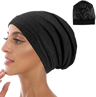 kuou Satin Lined Beanie, Silk Beanie Sleep Cap Hair Cover Bonnet Slouchy Beanie Night Sleeping Hat Adjustable for Curly Black Hair (Black), One Size