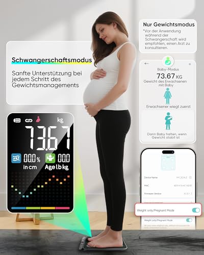 Körperfettwaage Personenwaage Digital 8-Elektroden Bluetooth App Smart Körperanalysewaage, 58 Körperdaten Fett, Muskel, Protein, BMI, BMR, Großes Display, Gehärtetes Glas, 180kg/400lbs, 24 Benutzer
