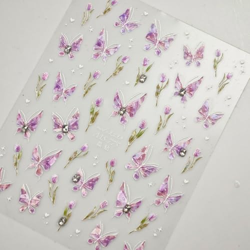 Image of Butterfly Nail Sticker 5D Embossed Nail Art Decals with Rhinestone Design for Women Girls Kid Supplies Purple Butterfly Stickers for Nails Manicure Decorations