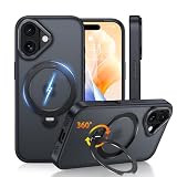 Fadkzyxr iPhone 16 用 ケース「MagSafe対応・最新型360°定点回転スタンド」ワイヤレス充電 縦横両対応 リング付き 半透明 マット感 黄ばみ防止 あいふおん 16 用 スマホケース レンズ保護 耐衝撃 マグネット搭載 マグセーフ機能 アイフォン16 携帯カバー【ブラック】