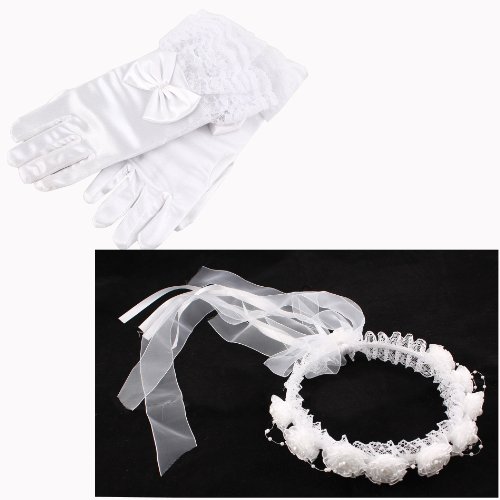 IDS White Satin Short Gloves Bridesmaid Wedding Flower Girl Bridal Floral Headdress Dress