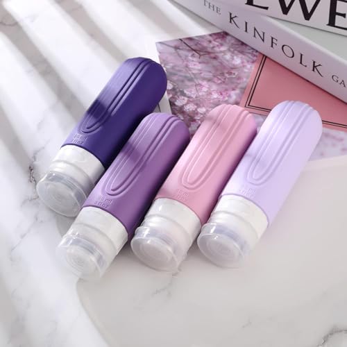 Kit 4 Frascos Potes Silicone Viagem 90ml Aprovado TSA Creme Shampoo Condicionador (Roxo e Rosa)