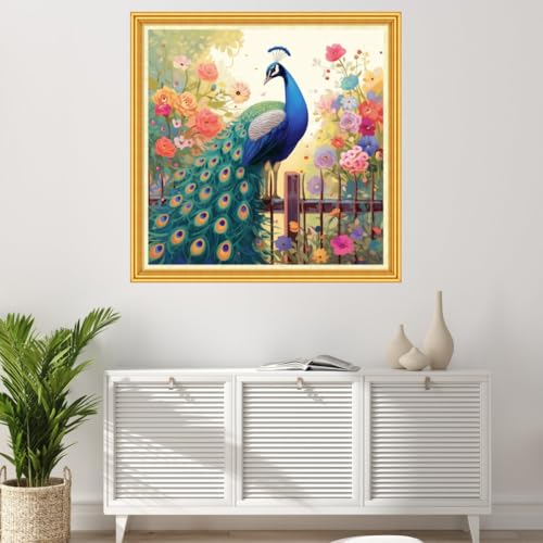 Image of Joyhoor Stamped Cross Stitch Kits for Beginners Needlepoint Kits for Adults Embroidery Kits 11CT Counted Cross Stitch Kits Printed Embroidery Pattern-Peacock Flower 18x18 inch