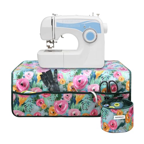 Image of Sewing Machine Mat for Table with Pockets Non-Slip Sewing Machine Pad Floral Reduce Vibration Storage Sewing Accessories Organizer for Supplies Quilting (Green Floral)
