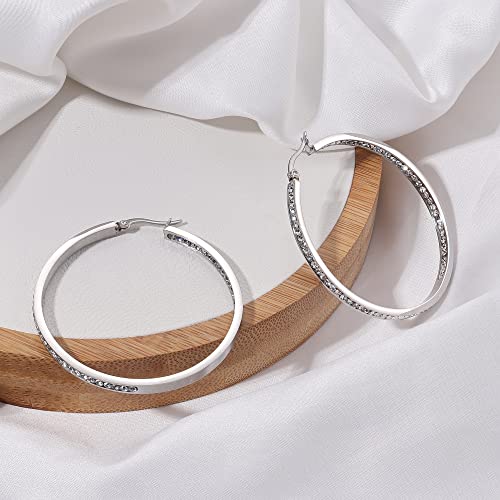 Orazio Stainless Steel Women Hoop Earrings Cute Huggie Earrings Cubic Zirconia Inlaid 50Mm (A: Silver-Tone) #TOP4