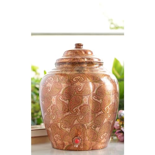 Indian Art Villa Pink Paisley Design Pure Copper Water Dispenser Pot With Tab And Leak Proof Lid, Water Storage, Drinkware & Serveware, Volume- 440 Oz