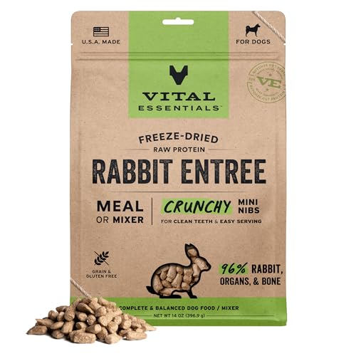 Vital Essentials Freeze Dried Dog Food Raw Rabbit Crunchy Mini Nibs | Complete Meal or Topper | 96% Rabbit Organs & Bone | Limited Ingredient High Protein Grain Free Dry Dog Food | 14 oz Bag
