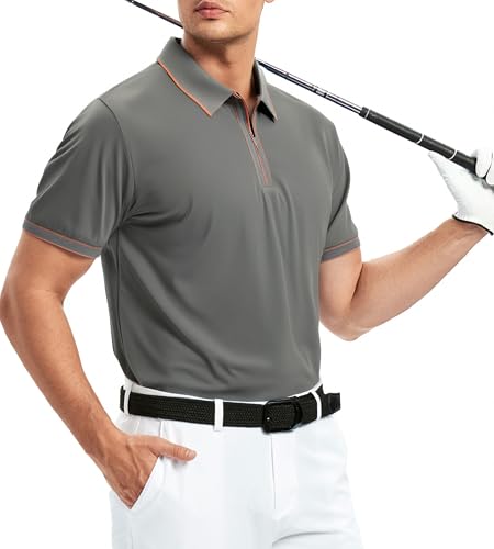 Alex Vando Mens Zipper Golf Shirt Moisture Wicking Zip Up Solid Fashion Polo Shirts