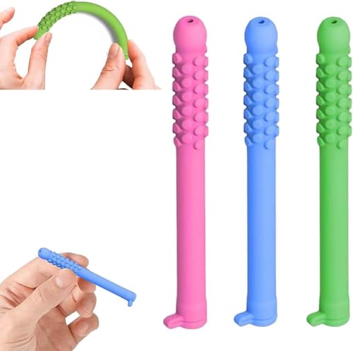 Image of Essential Oil Chewable Sticks 3-Pack, Aromatic Chewable Sticks with Essential Oil - Focus & Calm Aid with Peppermint & Rosemary, Reusable Food-Grade Silicone Habit Relief Tool (Blue, Green, Red)