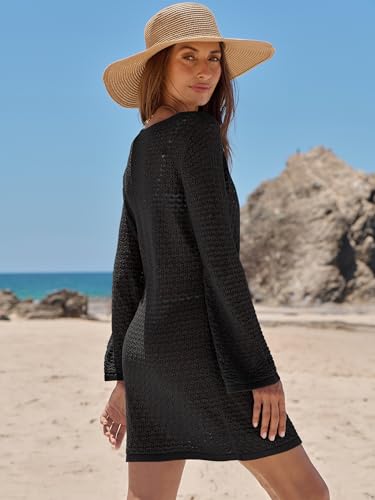 Image of ANRABESS Women's Crochet Swimsuit Cover Up, V Neck Mesh Knit Beach Dress, Long Sleeve Summer Vacation Beachwear