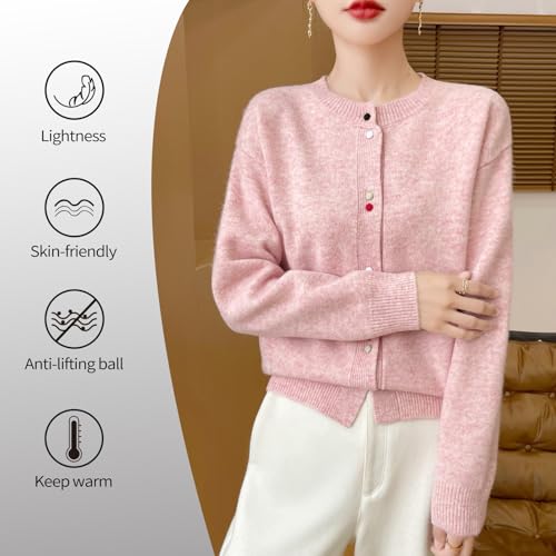 Women's Crewneck 100% Merino Wool Sweater 2025 Spring Fall Solid Long Sleeve Colorful Buttons Cardigan Sweater2