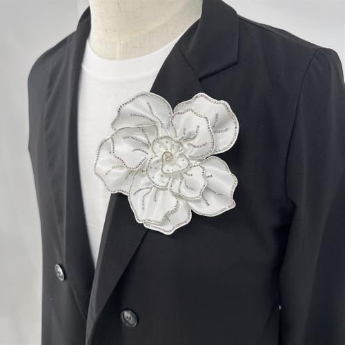 Image of Fabric Rhinestone Flower Big Brooch Lapel Pins for Women Elegant Crystal Floral Brooches Pin for Dresses Suit Accessories Jewelry Boutonniere Corsage Wedding Party 5.5in