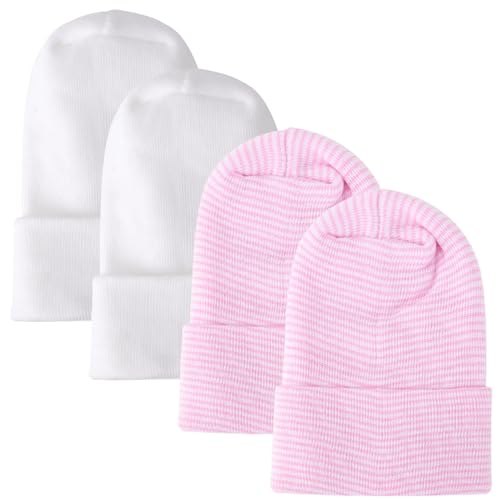 Image of DRESHOW BQUBO 4 Pack Newborn Hospital Hat Infant Baby Hat Cap with Big Bow Soft Cute Knot Nursery Beanie