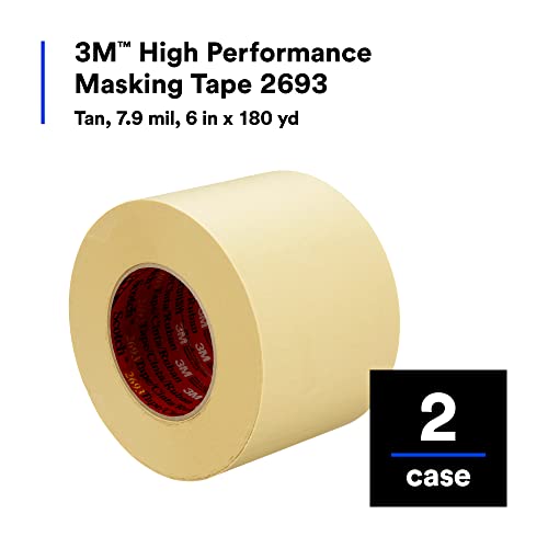 Image of 3M High Performance Masking Tape 2693, Heavy Duty, Clean Removal, Tan Color, 7.9 mil, 6 in x 180 yd, Pack of 2