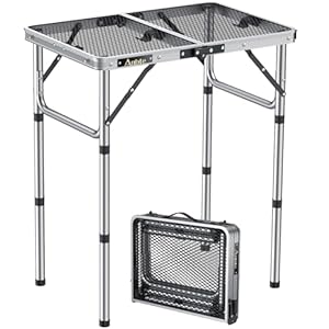 Anbte Campingtisch Klapptisch mit 3 Verstellbare Höhe Grilltisch aus Aluminium 60 * 40cm Koffertisch mit Metallgitter Tischplatte Leicht und Tragbar Gartentisch Biertisch für Strand Picknick (Silber)