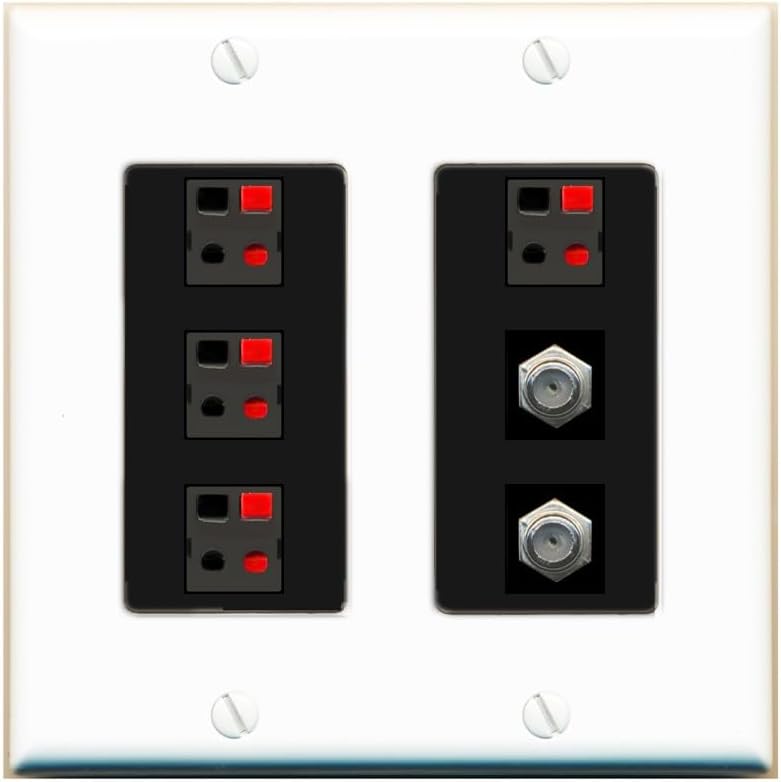 RiteAV 4 Speaker 2 Port Coax Cable TV Wall Plate - 2 Gang [Red/White]