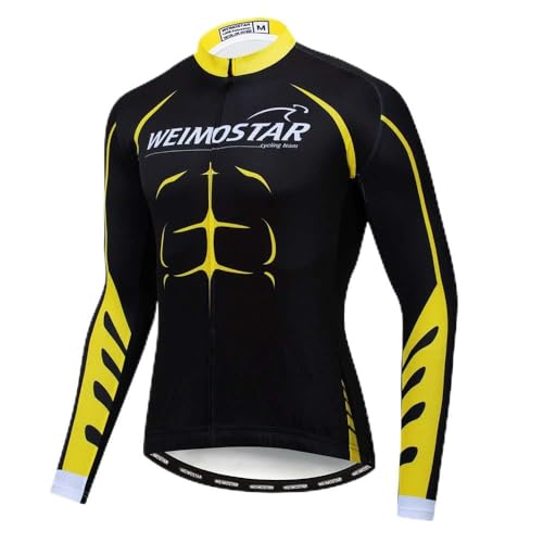 WeimoMonkey Men's Cycling Jersey Fleece Long Sleeve MTB Bike Shirts Racing Cycling Clothing Black Gold XXL
