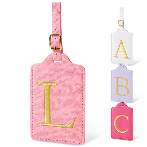 Image of Personalized Initial Luggage Tags for Suitcases, Cute PU Leather Embroidered Letter Travel Luggage Tags, Suitcase Identifier Name Baggage Tag, Bag Tags for Men Women Kids Luggage Handbags(Pink L)