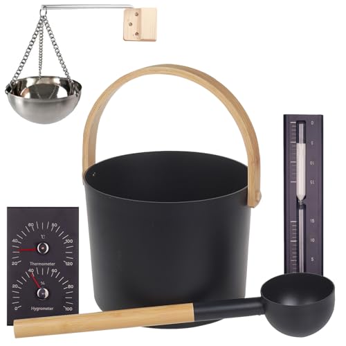 Saunakübel Set, 7L Aluminium Sauna Eimer mit Sanduhr, Saunaschale, Saunakelle, Thermo & Hygrometer, Sauna Zubehör Set Aufgusseimer Set für Badezimmer und Hotelbadewanne