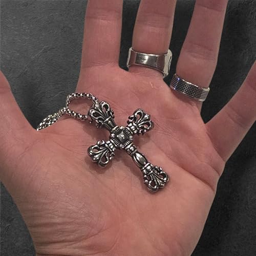 Gothic Vintage Cross Pendant Necklace Stainless Steel Unisex Silver Black Two-tone 23.6 in Ball Chain Chrome y2k Style3