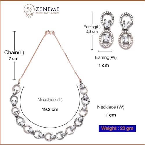 Image of ZENEME Rhodium-Plated American Diamond Studded Disc-Shaped Necklace With Earrings Jewellery Set For Girls and Women
