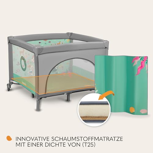 LIONELO MILLE 2-in-1 Baby-Reisebett und Laufstall 100x100 cm bis 15 kg 0-36 Monate Seitlicher Eingang mit Reißverschluss Kinderreisebett mit Matratze Räder mit Bremse einfaches Zusammenklappen
