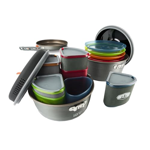 GSI Outdoors Pinnacle Ceramic Camper Cookware Set, 4-Person Camping Cookware with Non-Stick Pots, Frypan, Bowls, Plates & Nesting Design