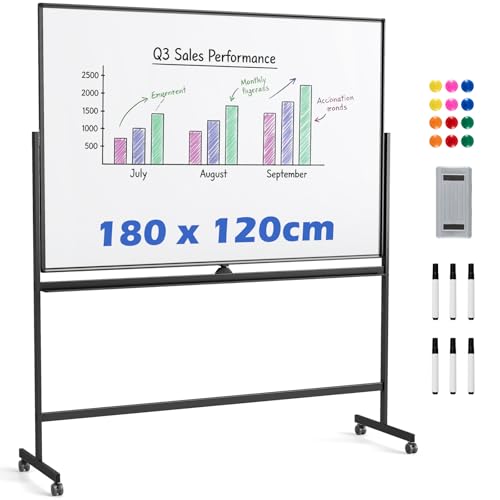 COSTWAY Tableau Blanc Effacable sur Pied 180 x 120 cm, Double Face, Tableau Blanc Roulette, 2 Hauteurs Réglables, Cadre en Alu Métal, 10 Aimants, Whiteboard...