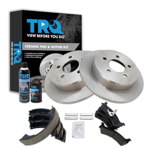 Image of TRQ Rear Brake Pad & Rotor Kit, with Chemical Kit Parking Brake Shoe Set Ceramic Compatible with 1995-2001 Ford Explorer 1997-2001 Mercury Mountaineer