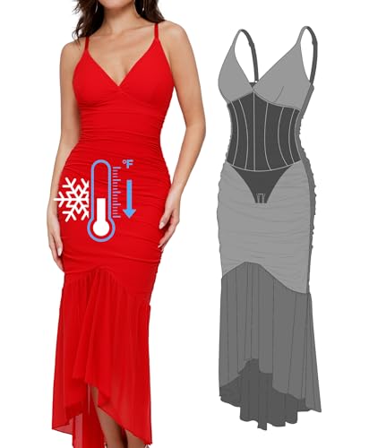 Image of Popilush Corset Dress Built in Shapewear Bodycon Cocktail Dresses for Women Wedding Guest Deep V Neck Mesh Ruched Maxi Dress