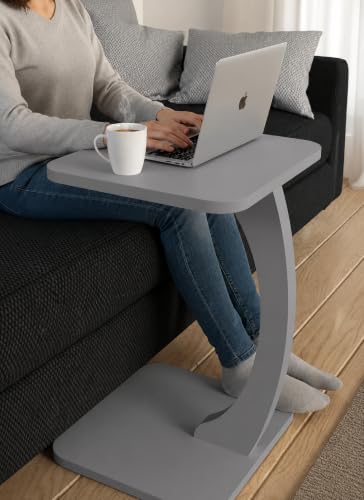 Image of Modern C-Shaped Side Table for Sofa & Bed - Multi-Purpose Laptop Table, Snack Holder, Book & Plant Stand - Compact & Sturdy Bedside Table (Brown) (Grey)