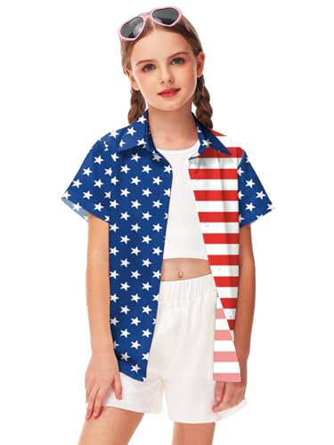 Image of Remimi Unisex Kids 4th of July Button Up Shirt Boys American Flag Print Hawaiian Beach Short Sleeve Tops 5-14 Years