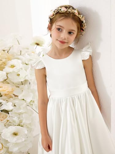 MCieloLuna Glossy Satin Flower Girl Dress V-Back Toddler Girls Wedding Party Pearls First Communion Dresses with Bow2