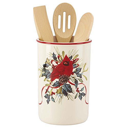 Lenox Winter Greetings Utensil Crock with 3 Wooden Servers