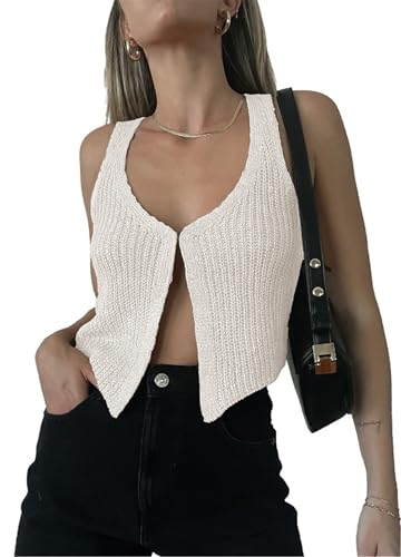 Cropped Crochet Knit Vests Coquette Knitted Vest Women V-Neck Sleeveless Cardigan Sweater Aesthetic Tank Tops