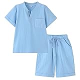 BINIDUCKLING Boys Henley Collar Short Set Casual Summer 2-Piece Outfit Cotton Linen Kids Clothing Set Beach Holiday for Blue 12-14 Years