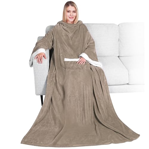 PAVILIA Sherpa Fleece Blanket with Sleeves Women Men Adult, Wearable
