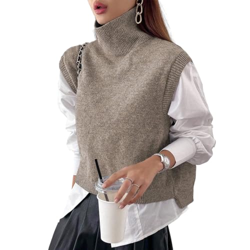 Women High Neck Sleeveless Knit Crop Sweater Vest Casual Loose Fit High Low Hem Turtleneck Knitted Pullover Vest