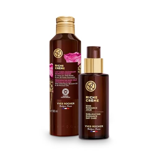Yves Rocher Set Leche Corporal Regeneradora y Crema Facial Iluminadora de Día Riche Crème - Aceite de 1000 Rosas - Nutrición Antiedad y Regeneración Celular Intensa