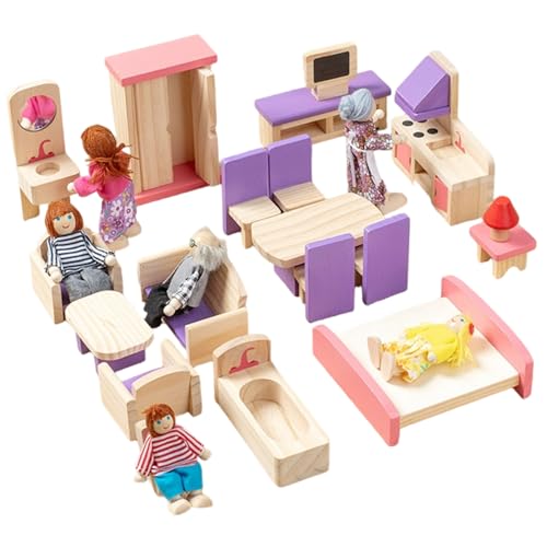 Ensemble meuble maison poupée bois miniature complet avec accessoires chambre