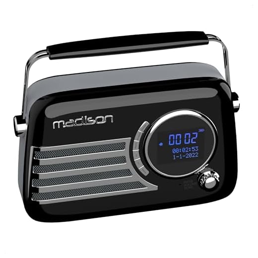 Madison - FREESOUND-VR40BK-DAB - Radio DAB+ vintage con batería de larga duración - DAB+, FM, Bluetooth y USB - Subwoofer trasero - Negro brillante - Vintage, Nostalgia, Retro