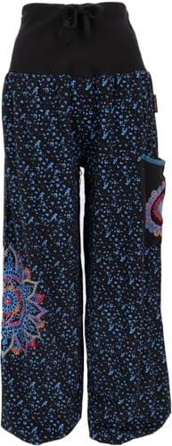 GURU SHOP Weite Pluderhose mit Breitem Bund Mandalastickerei - Schwarz/blau Damen Size:S/M