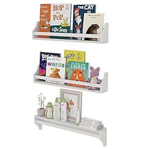 Nursery Décor Wall Shelves – 3 Shelf Set – White Long Crown Molding Floating Bookshelves for Baby & Kids Room, Book Organizer Storage Ledge, Display Holder for Toys, CDs, Baby Monitor Nursery Decor Wall Shelves–3 Shelf Set–White Long Crown Molding Floating Bookshelves for Baby Kids Room Book Organizer Storage Ledge Display Holder for Toys CDs Baby Monitor