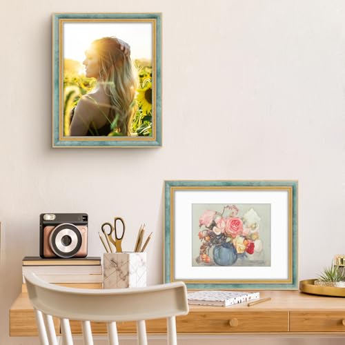 Image of Golden State Art,11x14 Ornate Picture Frame Holds 8x10 Photo,Blue Gold | Includes real glass front,white mat,build-in hangers and buttons.Displays 8x10 photo on wall