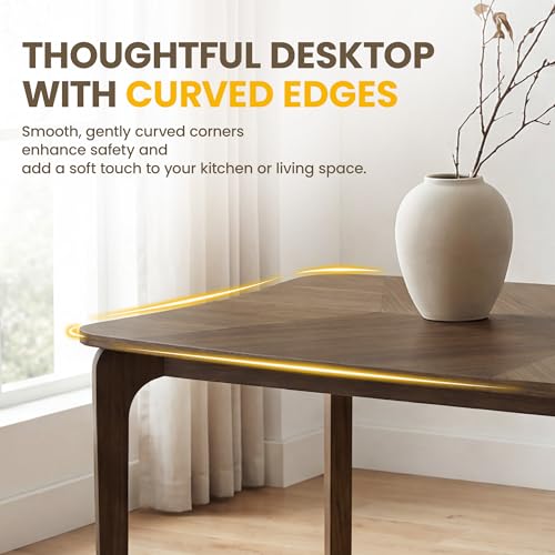 Image of HNY Modern Curved Edge Dining Table, 63 inch Solid Wood Kitchen Table with Herringbone Pattern Mid-Century Rectangular Dinner Table for 6-8 People, Walnut Color Finish