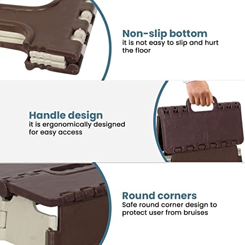 Image of 12 Inch Super Strong Folding Step Stool to Support Adults and Safe Enough for Kids. Opens Easy with One Flip. Great for Kitchen, Bathroom, Bedroom, Kids or Adults (Brown)